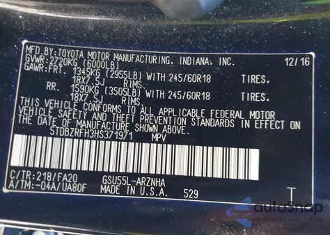 2017 Toyota Highlander Le Plus from USA, damaged, VIN 5TDBZRFH3HS371971